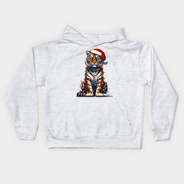 Tiger Wrapped In Christmas Lights Kids Hoodie by Chromatic Fusion Studio